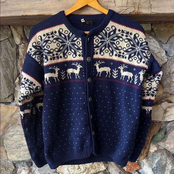 Charles Wolf VTG Wool Nordic Cardigan Sweater Snowflake & Reindeer size M - Picture 1 of 11